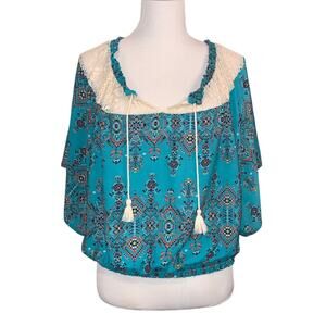 Red Camel Boho Top with Aztec Design and Tassles